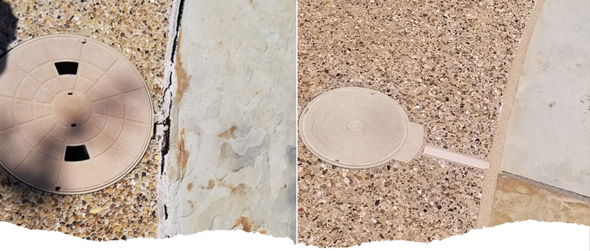 Side by side pictures of damaged pool mastic and new or repaired mastic to show the differences.