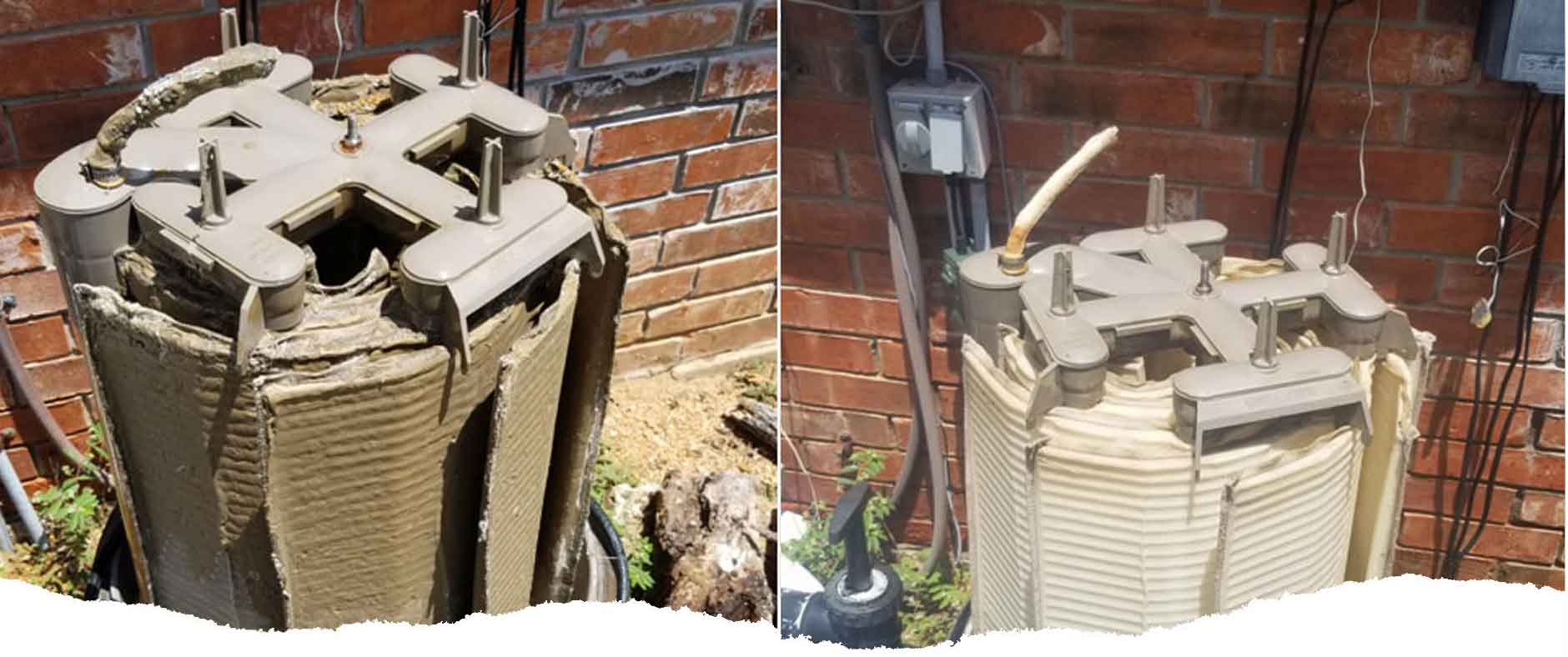 ban-1 Side by side pictures of a very dirty plugged pool water filter and a clean new pool water filter to show the differences.