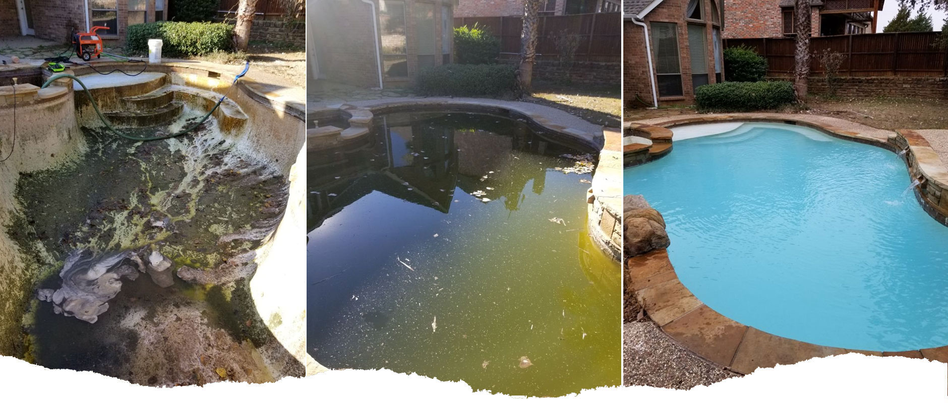Three different photos of a backyard pool. The middle picture shows the pool with dirtry green algea water. Left picture shows the pool drained with a lot of dirt, debris and green algea on the bottom of the pool. The right side photo shows the pool clean, restored and full with clean clear water.