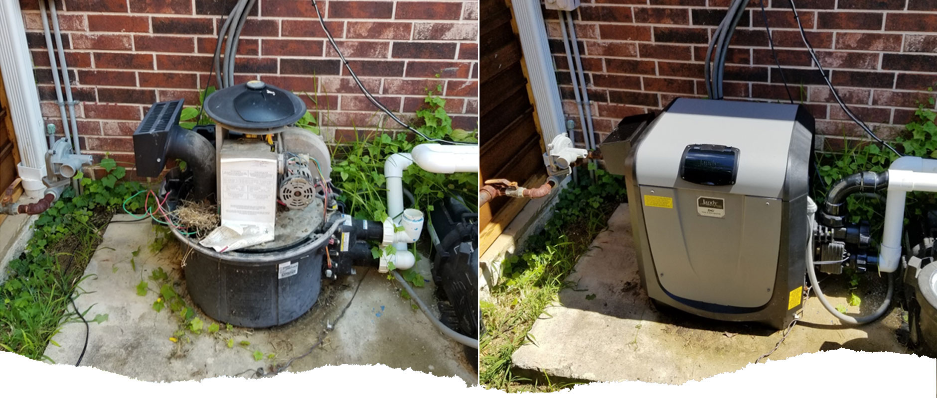 heater Two photos showing swimming pool heater units. One looks old and dirty and the other appears new or clean and well maintained.