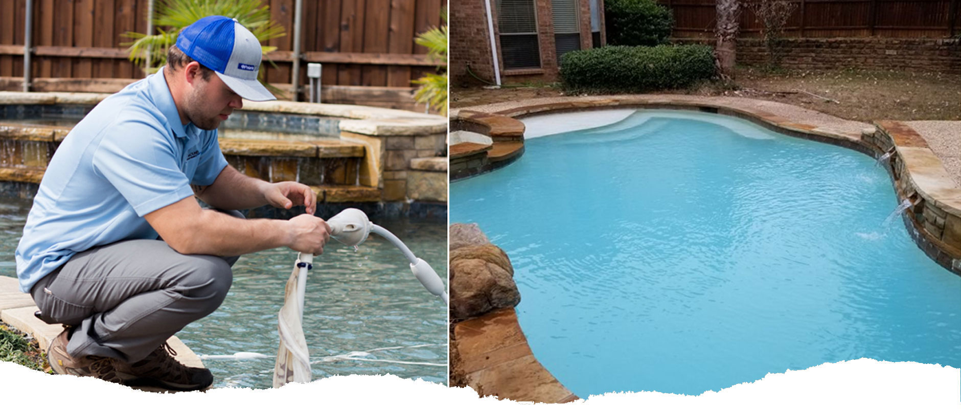 pool-sweep Two pictures showing a pool care technician servicing a pool sweep hose and a sparkling clean pool and water.