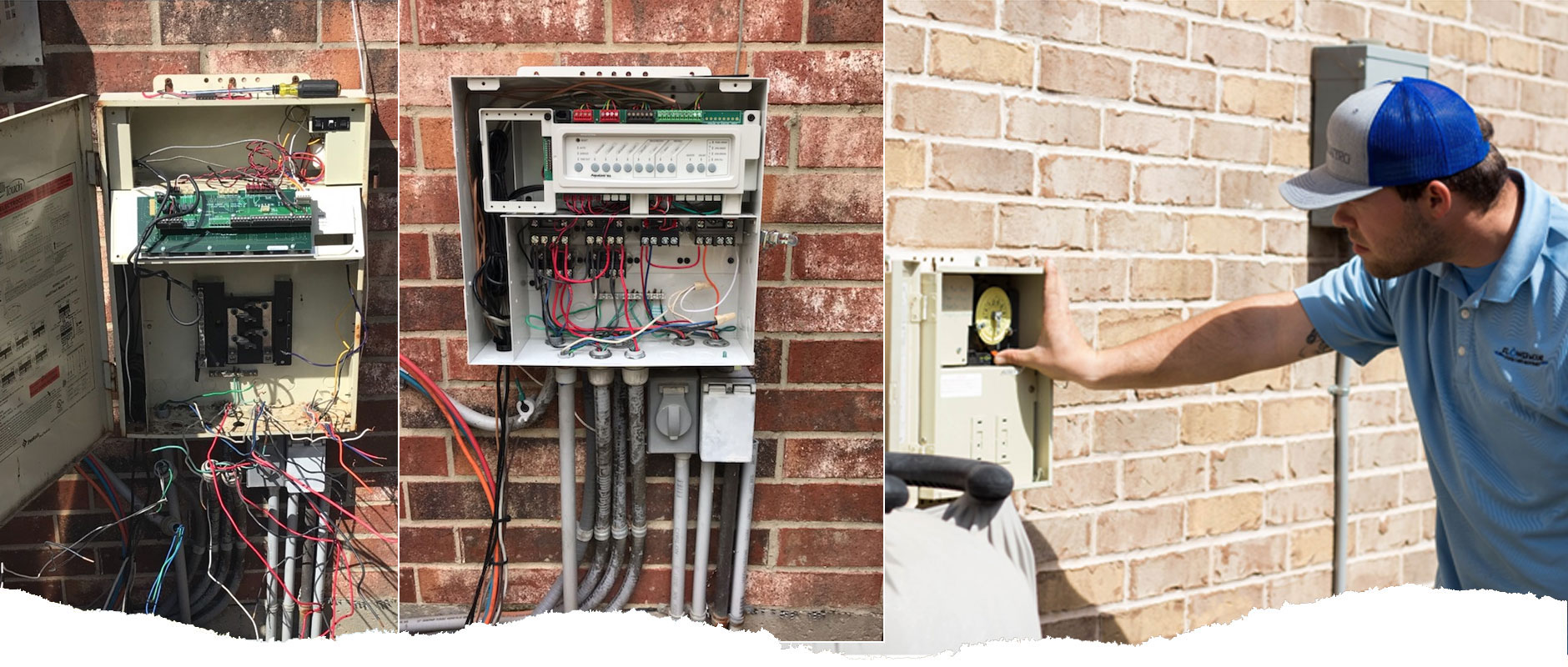 timer Three photos showing various swimming pool equipment controls and timers. One photo shows pool technician making an adjust to a pool equipment timer.