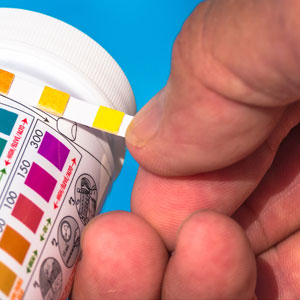 Photo showing pool technician using water test strips to check water chemistry.